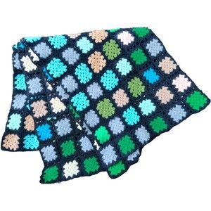 VTG Hand Crochet Granny Square Afghan Throw Blanket Farmhouse Cottage Core 45X62